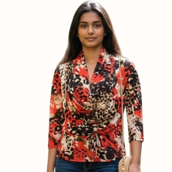 Juliette Red Leopard Print Long-Sleeve Cowl Neck Blouse Large Vivid Elegant Look - Picture 1 of 8